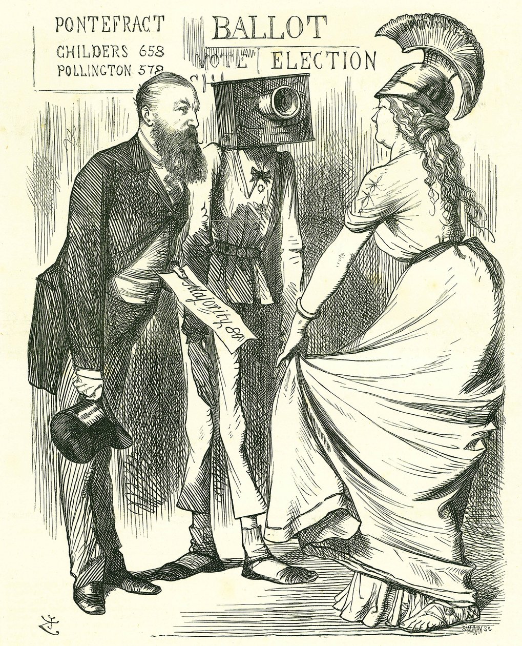 هيو تشايلدرز (1827-1896) برلماني بريطاني يخبر بريتانيا عن نجاح صندوق الاقتراع الجديد. كارتون جون تينيل من Punch ، لندن ، 24 أغسطس 1872. بواسطة جون تينيل