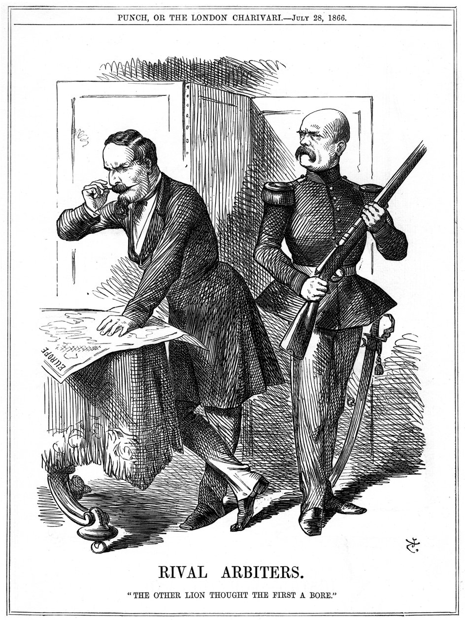 نابليون الثالث (1808-1873) ، إمبراطور فرنسا 1852-1870 ، وأوتو فون بسمارك (1808-1783) ، مستشار بروسيا ، نحت أوروبا. أدت طموحاتهم المتضاربة إلى الحرب الفرنسية البروسية 1870-1871. كارتون جون تينيل من بانش ، لندن ، 28 يوليو 18 بواسطة جون تينيل