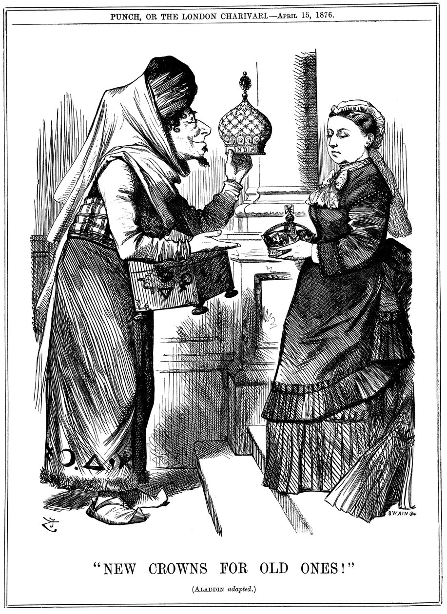 تيجان جديدة للأولاد القدامى! ، بنجامين دزرائيلي يقدم تاج الهند للملكة فيكتوريا ، 1876 بواسطة جون تينيل
