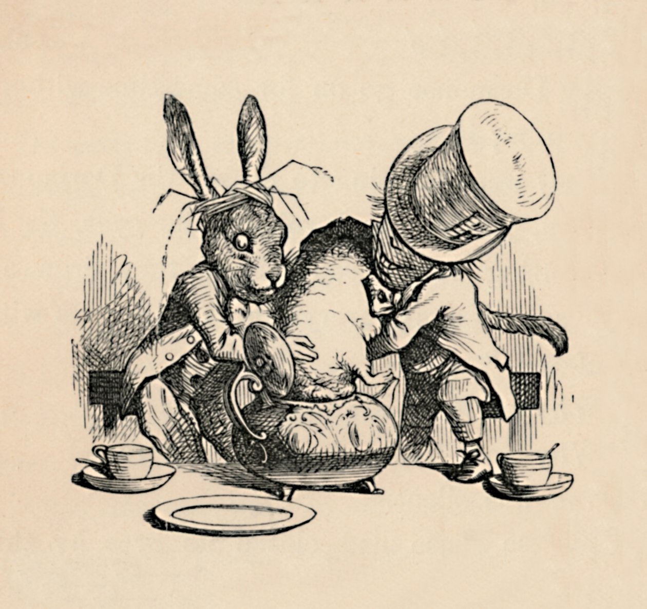 يحاول Mad Hatter و March هير وضع Dormouse في إبريق شاي ، 1889 بواسطة جون تينيل