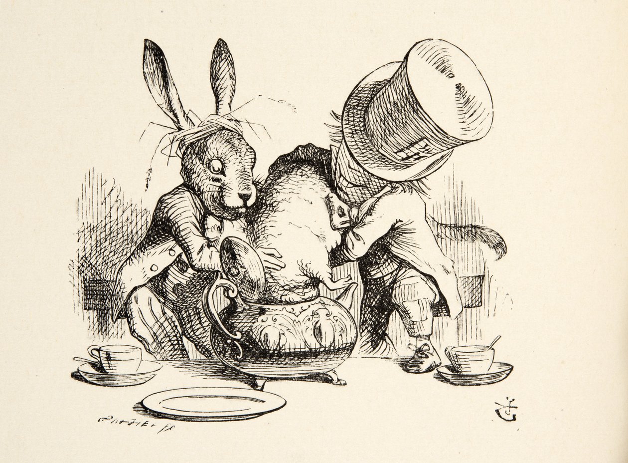 Mad Hatter و March March هير يضعان النوم في إبريق الشاي ، من Alices Adventures in Wonderland بقلم لويس كارول (1832-98) ، حانة. 1891 بواسطة جون تينيل