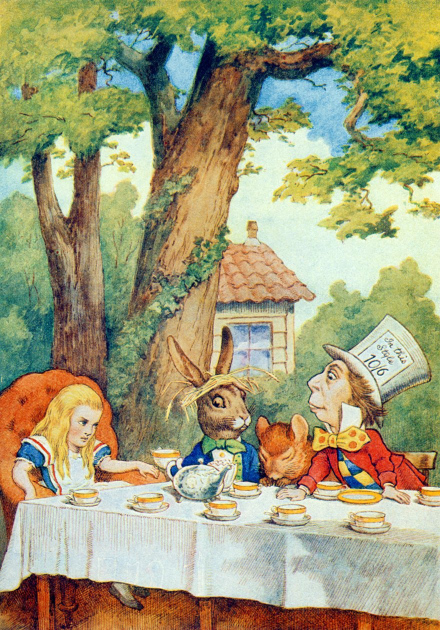 حفل شاي Mad Hatter ، رسم توضيحي من "أليس في بلاد العجائب" بقلم لويس كارول (1832-189) بواسطة جون تينيل