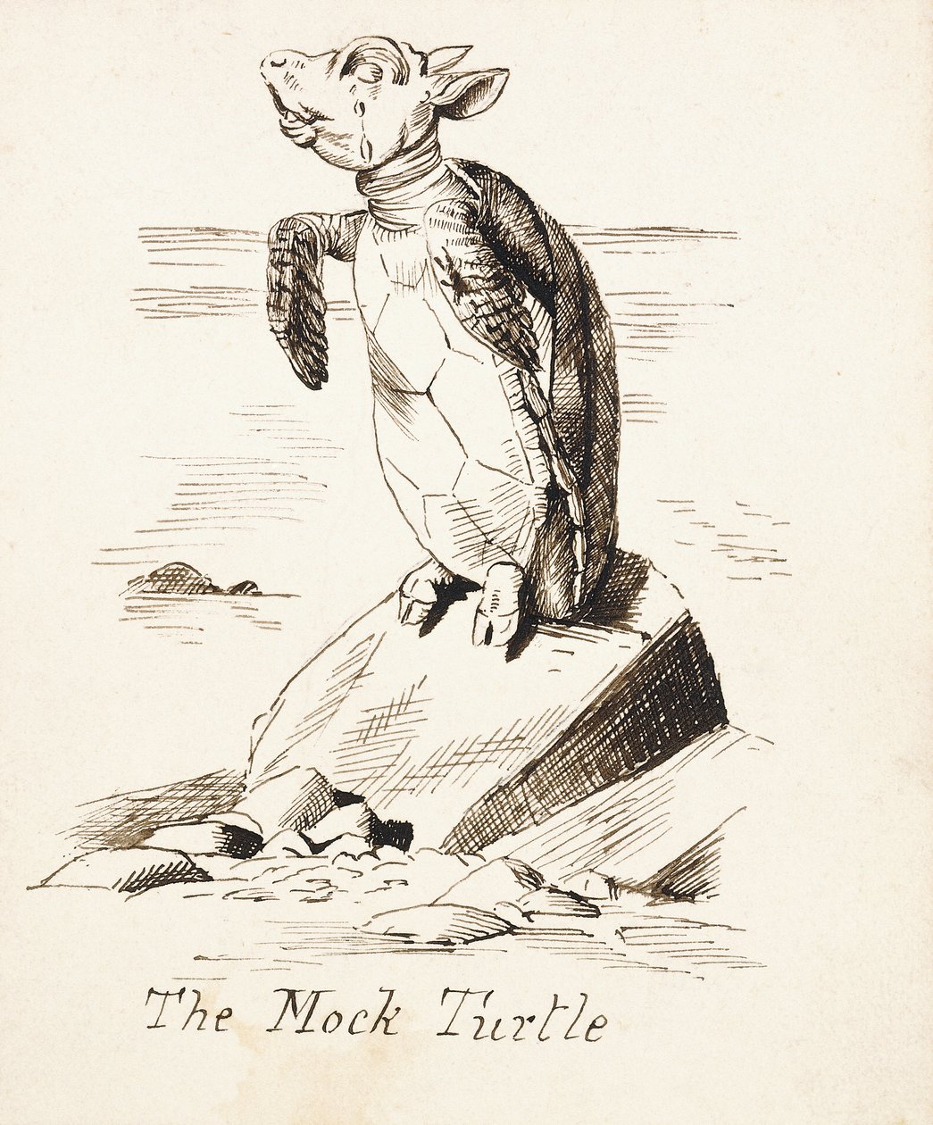 السلحفاة الوهمية &39;- السلحفاة الوهمية تبكي على صخرة ، حوالي عام 1865 (قلم وحبر بني) بواسطة جون تينيل