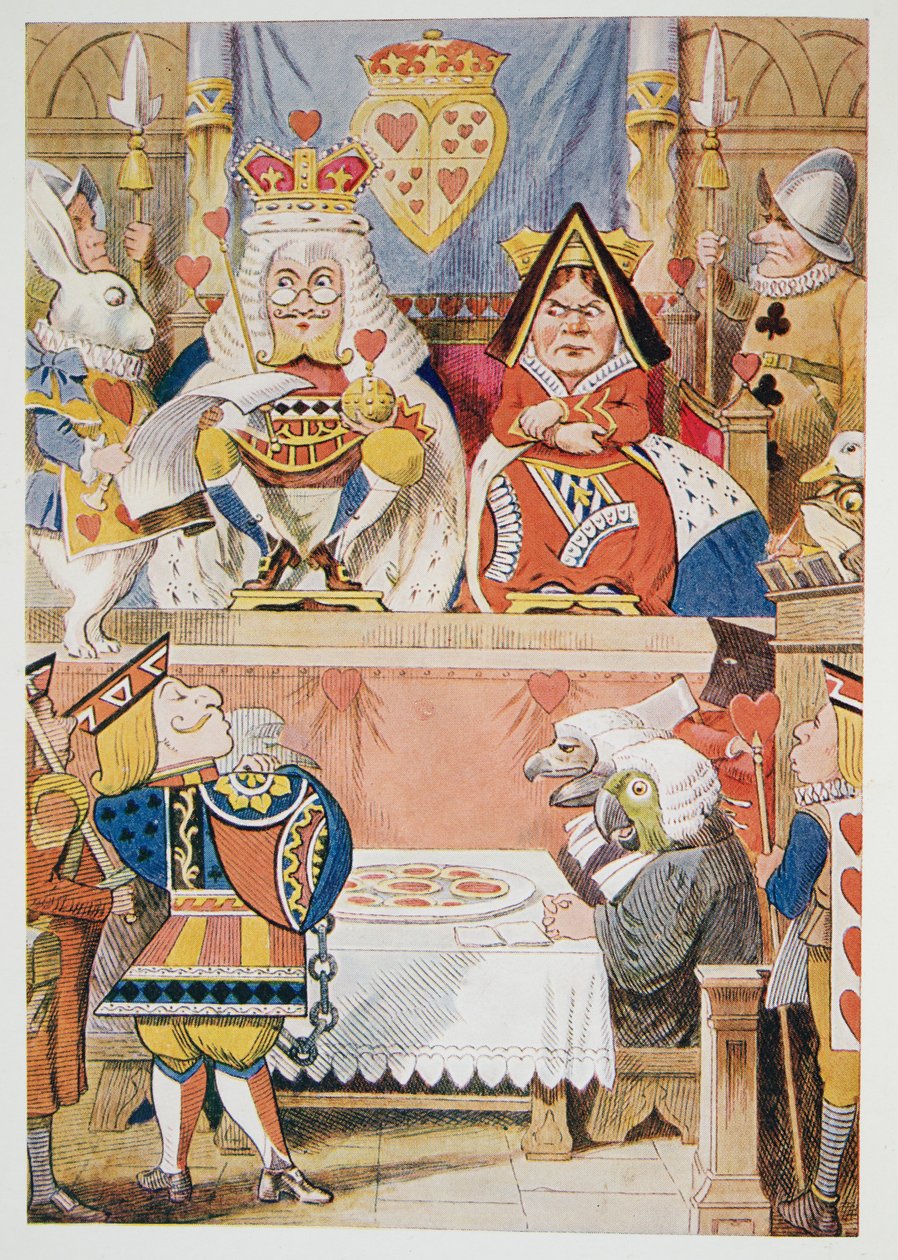 محاكمة Knave of Hearts ، من Alices Adventures in Wonderland وعبر المرآة وماذا وجدت أليس هناك ، بقلم لويس كارول (1832-98) ، نشر عام 1911 (الطباعة الحجرية الملونة) بواسطة جون تينيل