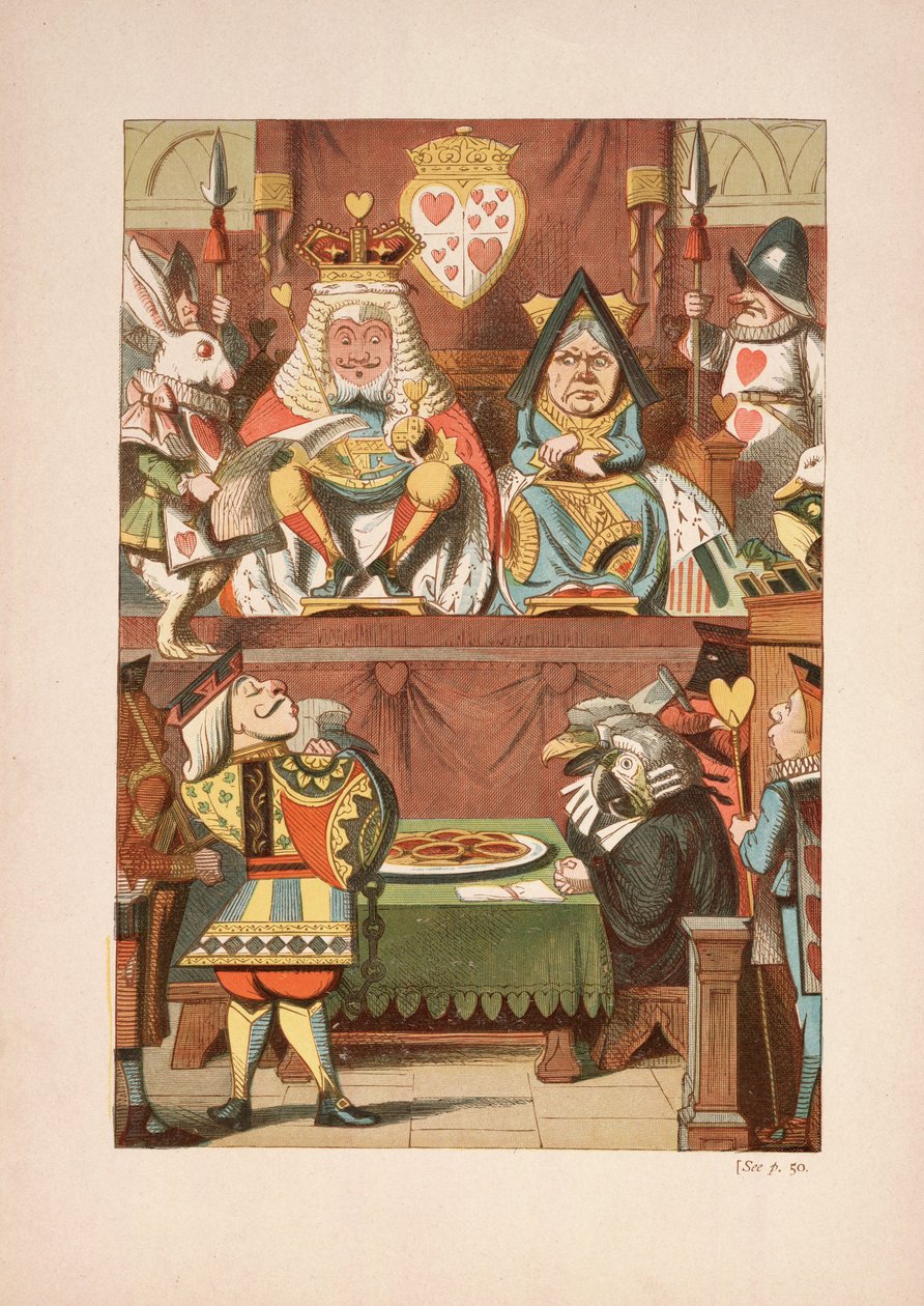 محاكمة Knave of Hearts ، من Alices Adventures in Wonderland وعبر المرآة وماذا وجدت أليس هناك ، بقلم لويس كارول (1832-98) ، نشر عام 1911 (الطباعة الحجرية الملونة) بواسطة جون تينيل
