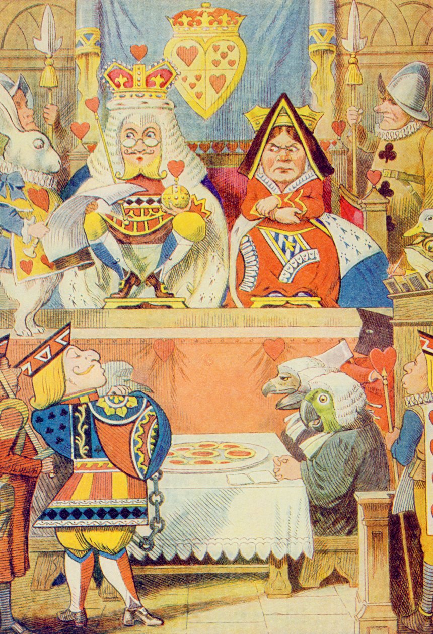 محاكمة Knave of Hearts ، توضيح من "أليس في بلاد العجائب" بواسطة لويس كارول (1832-189) بواسطة جون تينيل