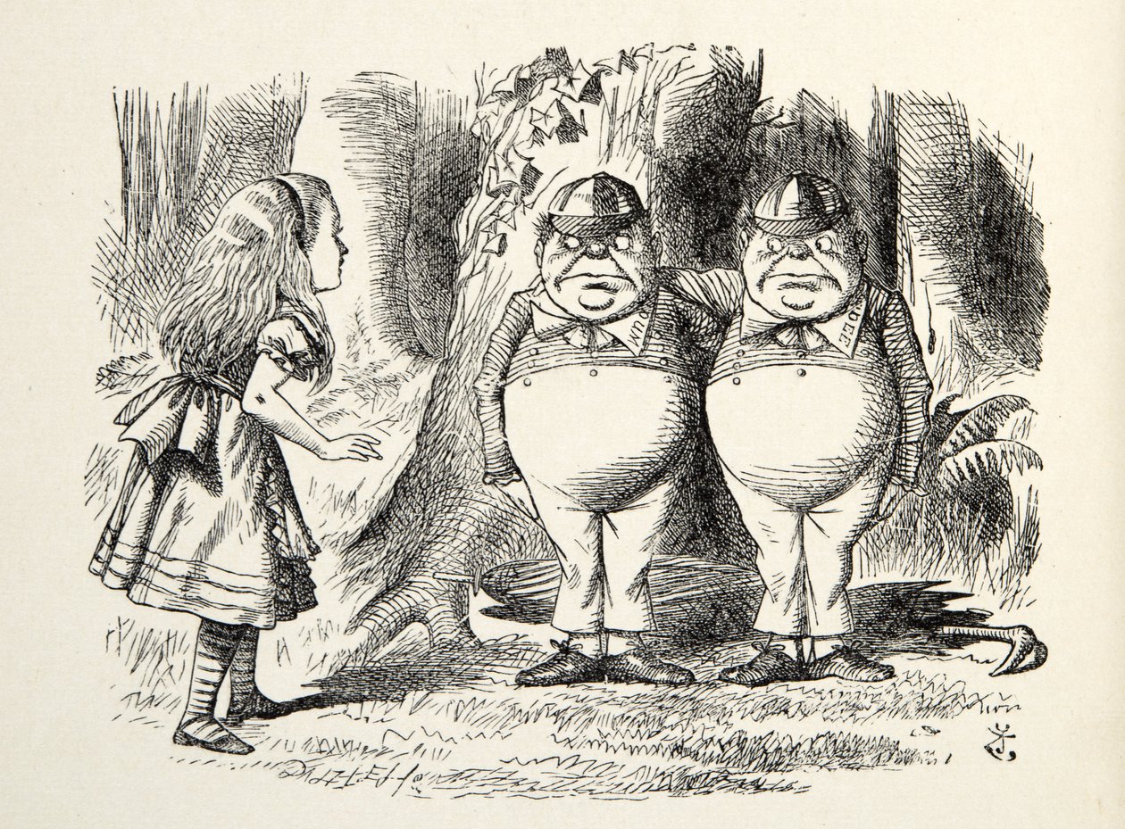 Tweedledum و Tweedledee ، رسم توضيحي من خلال المرآة ، بقلم لويس كارول (1832-98) ، 1872 بواسطة جون تينيل