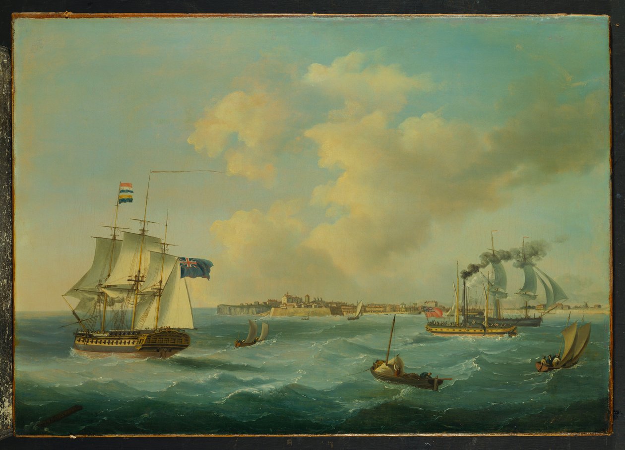 فرقاطة 44 غون ، باخرة ركاب ، باخرة وغيرها من الشحن قبالة ميناء سانت بيتر ، غيرنسي ، 1825 بواسطة جون توماس سيريس