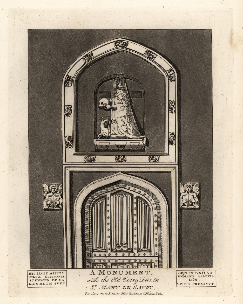 تمثال قبر لأليسيا ، ابنة سيمون ستيوارد ، مع باب Vestry القديم في سانت ماري لو سافوي بواسطة جون توماس سميث