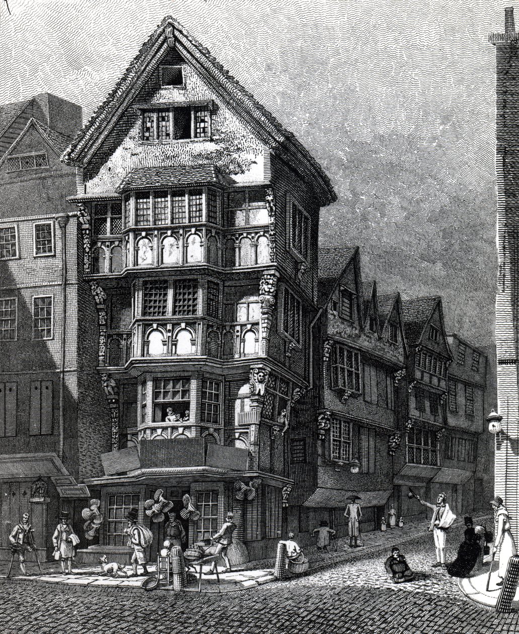 منازل واقفة مؤخرًا في الركن الغربي من Chancery Lane ، شارع فليت ، نُشر عام 1812 بواسطة جون توماس سميث