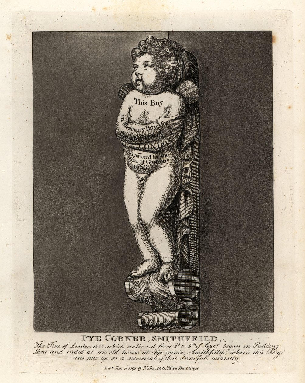 نصب تذكاري لصبي في Pye Corner ، سميثفيلد ، للاحتفال بحريق لندن عام 1666 في Pudding Lane القريب بواسطة جون توماس سميث
