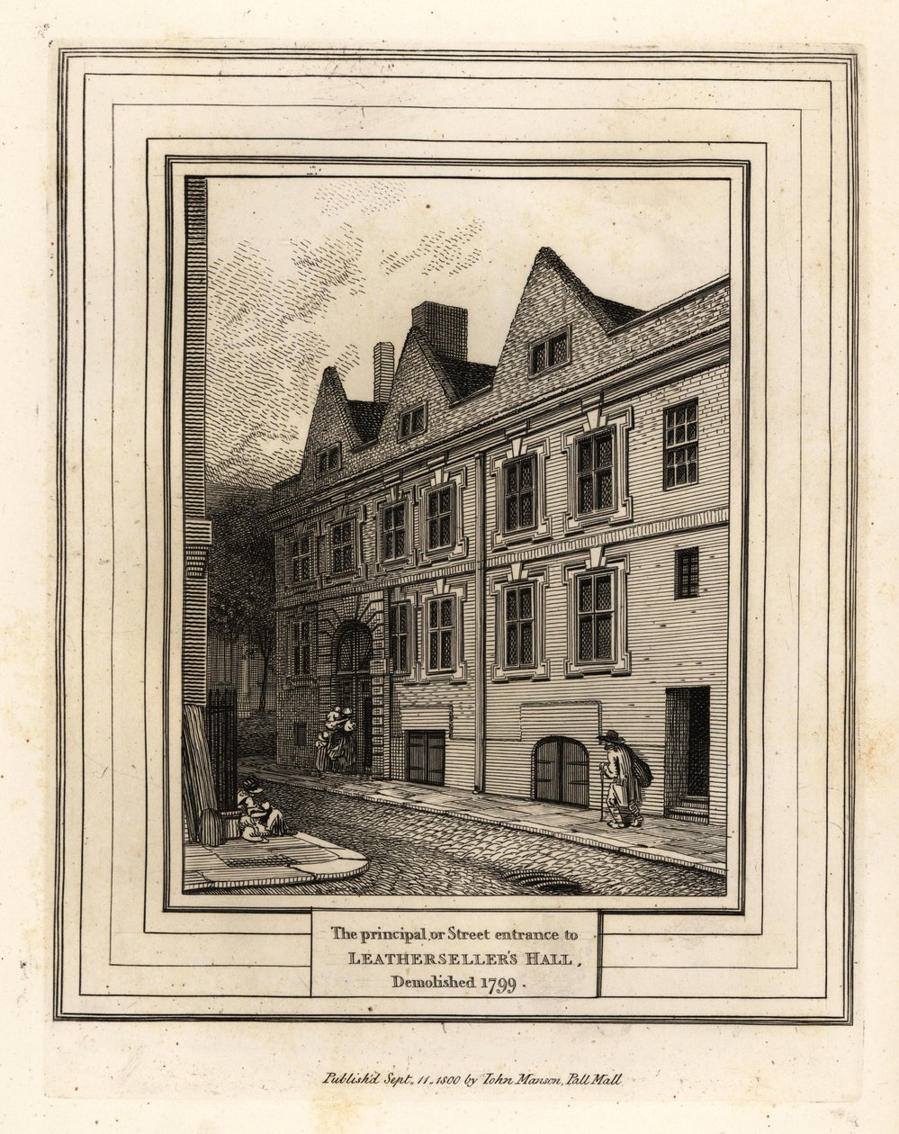تم هدم المدخل الرئيسي أو المدخل الرئيسي لقاعة Leathersellers Hall في عام 1799 بواسطة جون توماس سميث