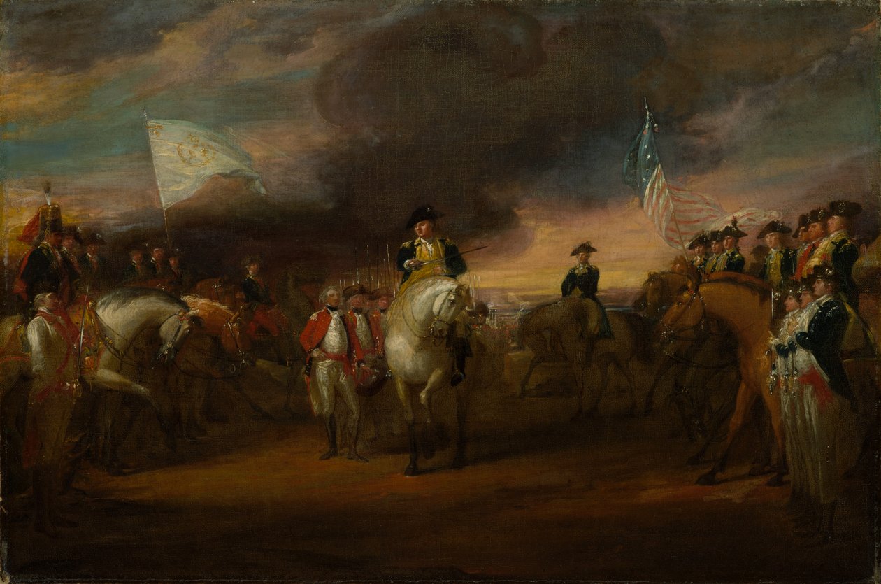 دراسة عن "استسلام اللورد كورنواليس في يوركتاون" ، حوالي 1787-91 (زيت على قماش) بواسطة جون ترمبل