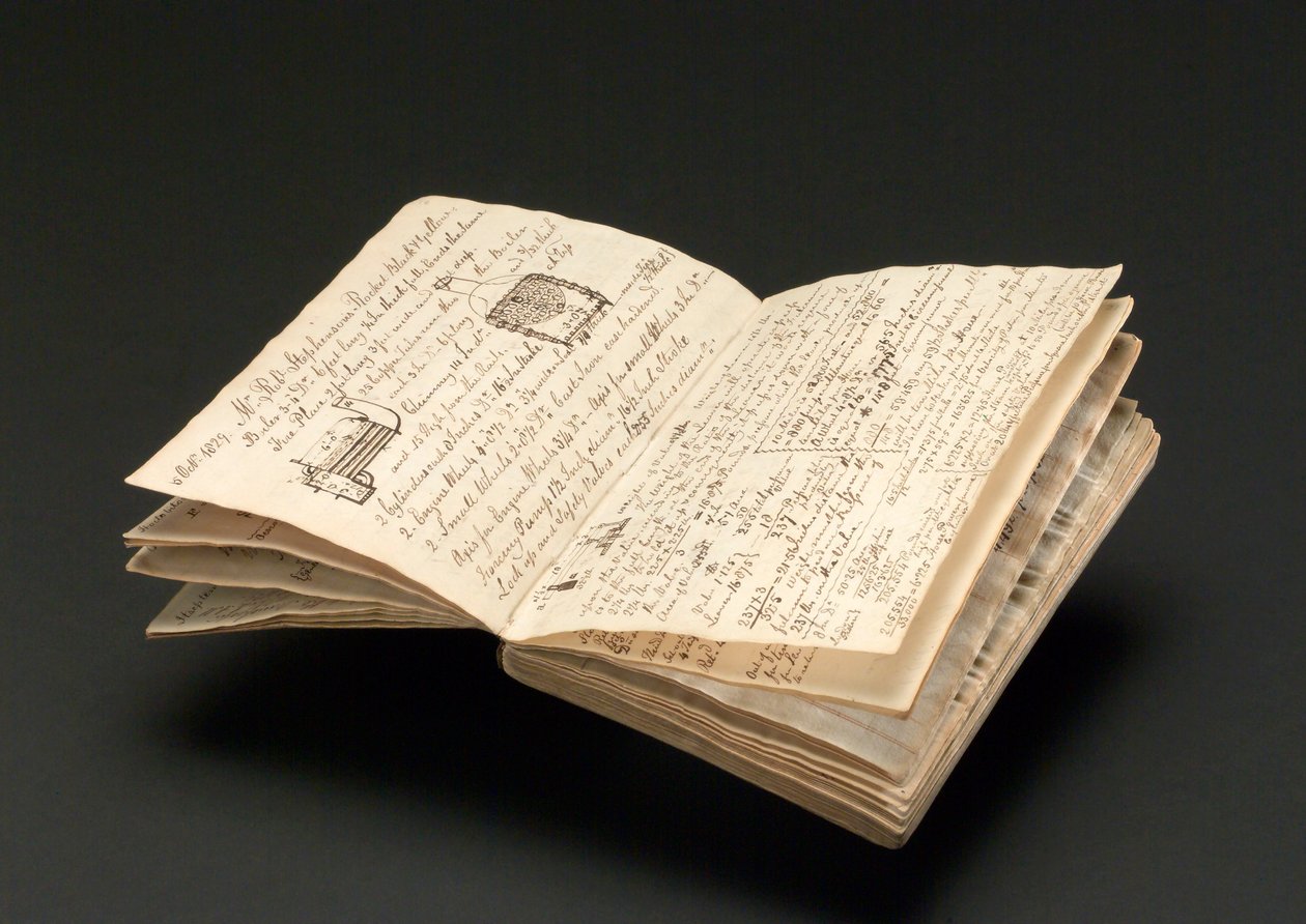 دفتر ملاحظات خاص بـ John Urpeth Rastrick ، والذي تم استخدامه لتسجيل تفاصيل تجارب قاطرة Rainhill في عام 1829 (قلم وحبر على ورق) بواسطة جون أوربيث راستريك