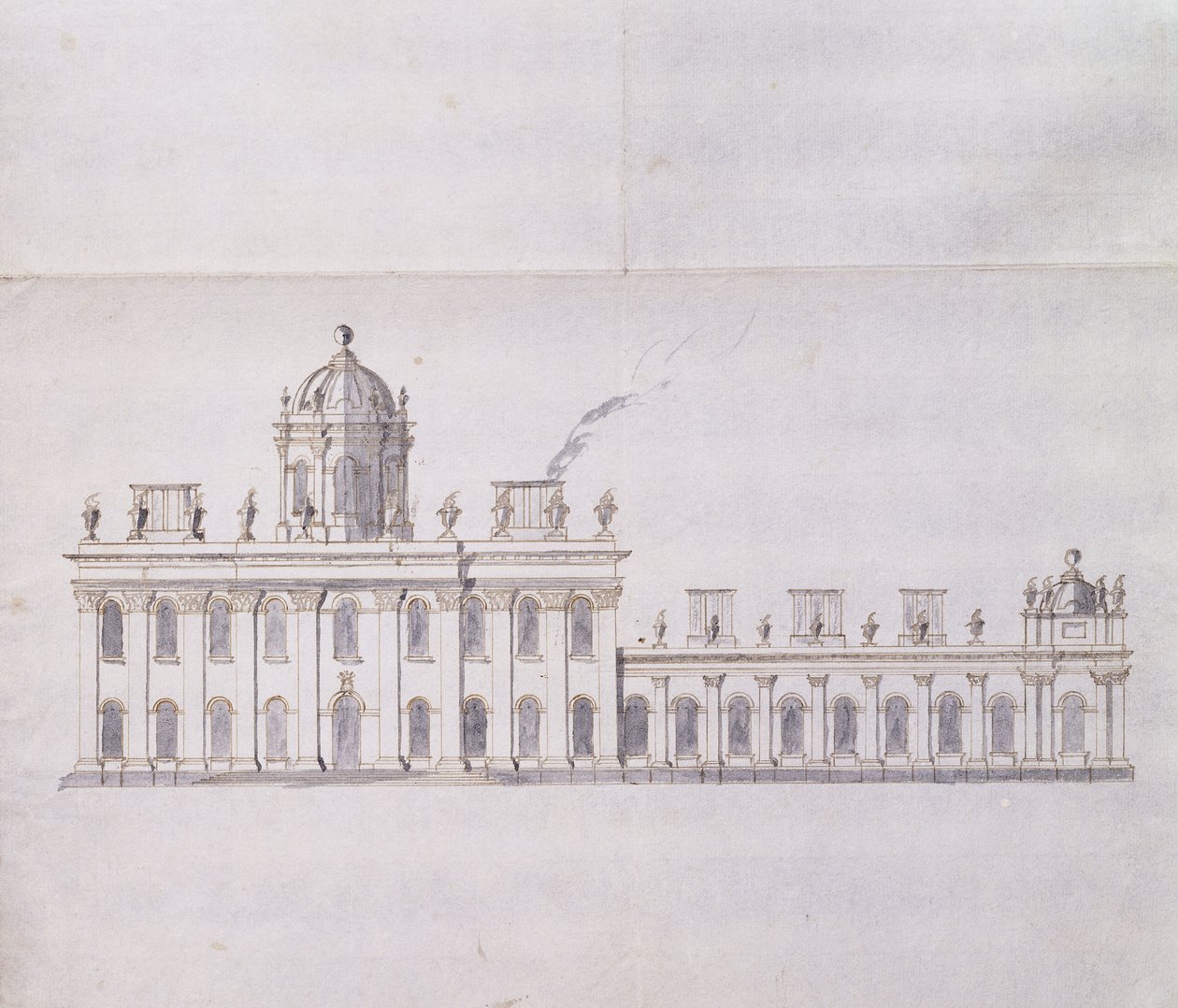 قلعة هوارد ، يوركشاير: رسم تخطيطي بالقلم الرصاص يوضح تطور أجنحة Forecourt ، حوالي 1699 (قلم حبر وحبر بني وغسل رمادي) بواسطة جون فانبرو