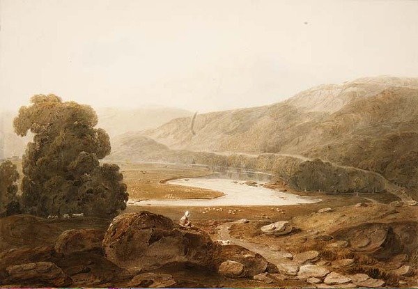 No.1607 وادي نهر Mawddach ، ويلز ، c.1805 (ألوان مائية وطباشير أسود على ورق) بواسطة جون فارلي