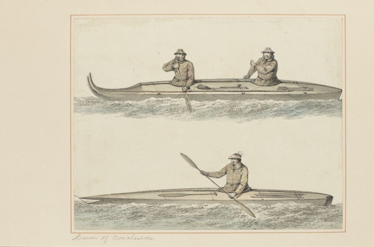 30: زوارق Oonalashka ، من سلسلة من الألوان المائية توضح رحلة الكابتن الأخيرة ، c.1773-84 (مرحاض على ورق) بواسطة جون ويبر