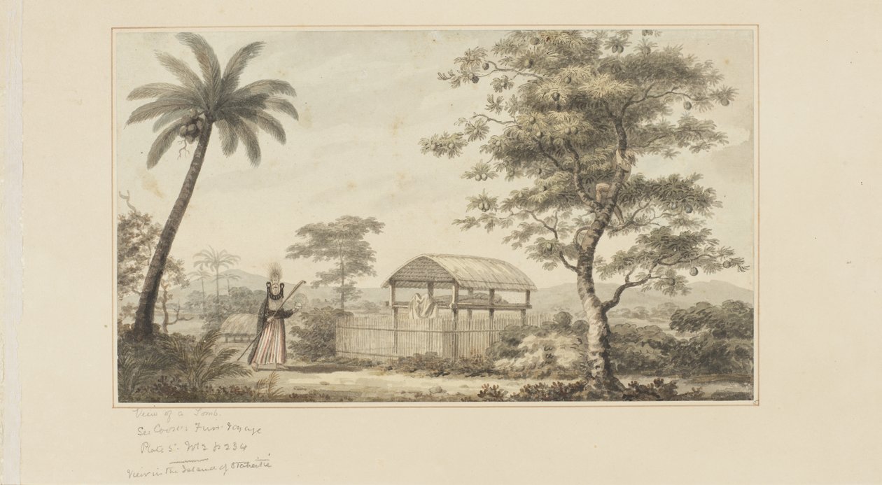 45: منظر لمقبرة ، من سلسلة من الألوان المائية توضح رحلة الكابتن كوك الأخيرة ، حوالي 1773 - 84 (ألوان مائية على ورق) بواسطة جون ويبر