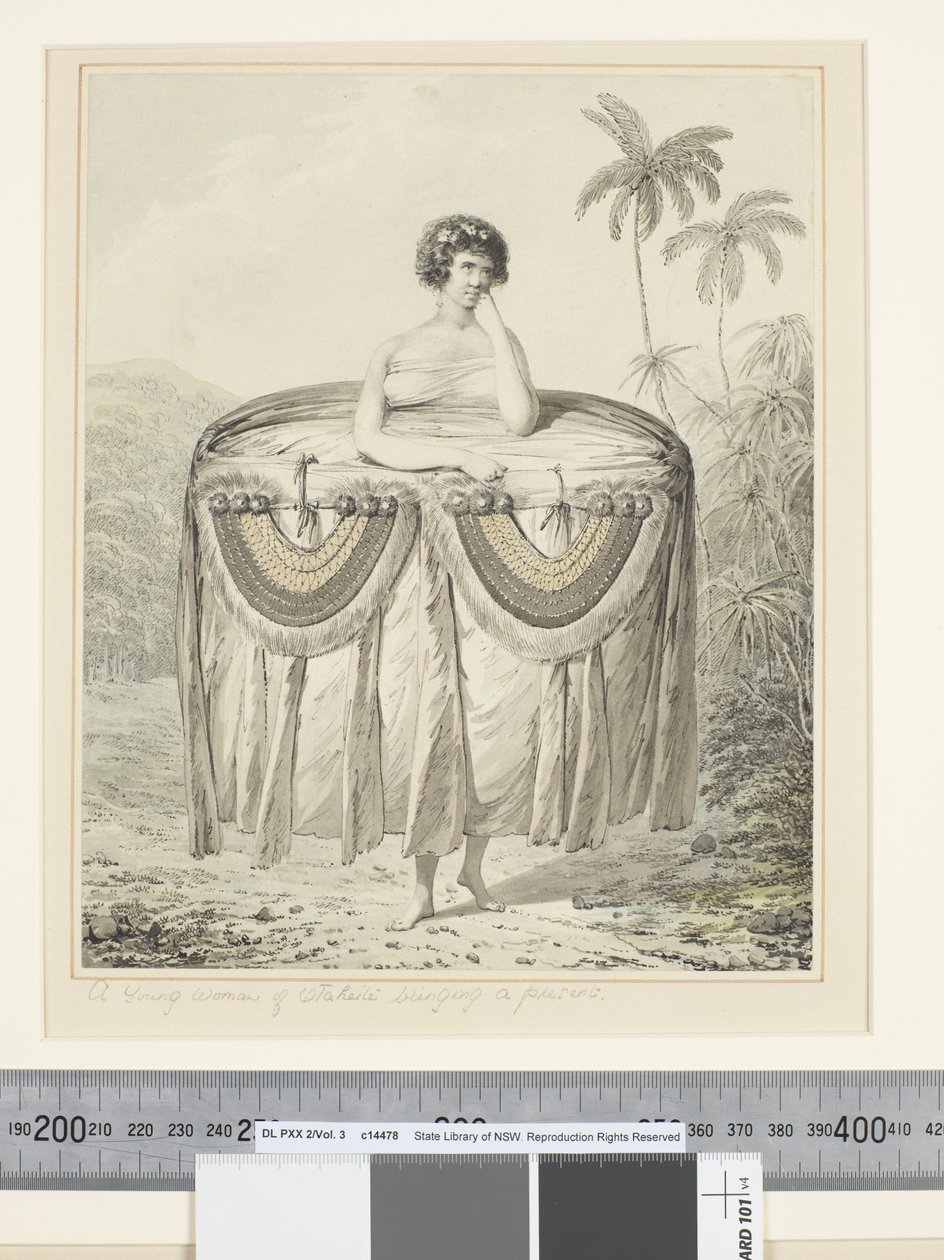F.12 امرأة شابة من Otaheite تقدم هدية ، حوالي 1773-84 (ألوان مائية) بواسطة جون ويبر