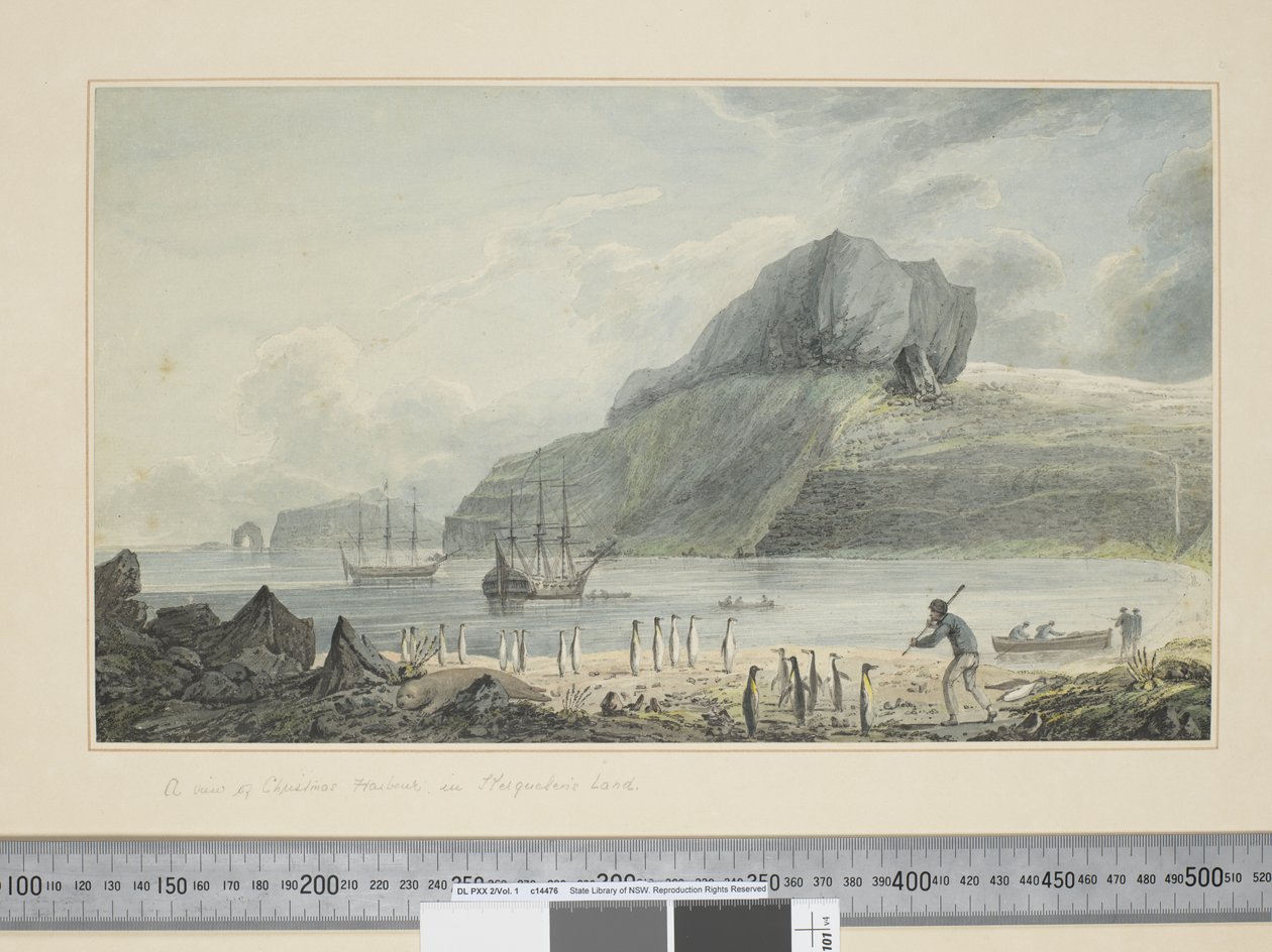 F.1 منظر لميناء الكريسماس في أرض كيرغولين ، حوالي 1773 - 84 (ألوان مائية ونقوش مطبوعة) بواسطة جون ويبر