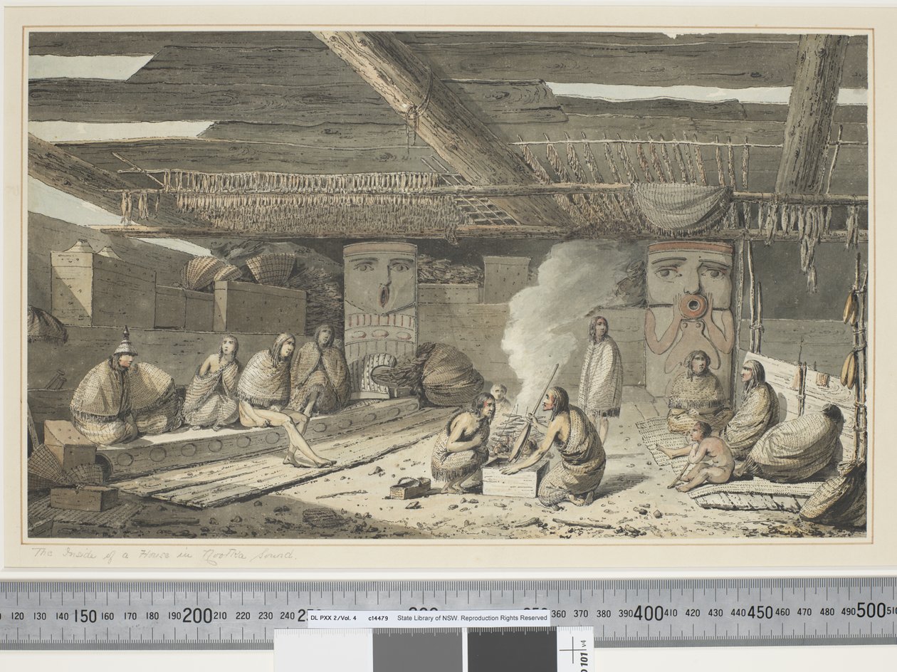F.24 داخل منزل في Nootka Sound ، حوالي 1773 - 84 (ألوان مائية) بواسطة جون ويبر