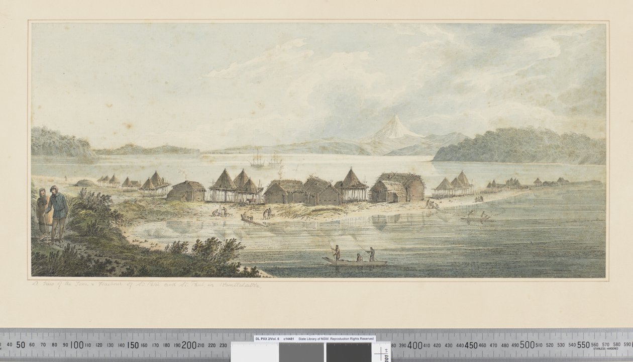 F.41 منظر لمدينة ومرفأ القديس بطرس وسانت بول في كامتشاتكا ، حوالي 1783-84 (ألوان مائية) بواسطة جون ويبر