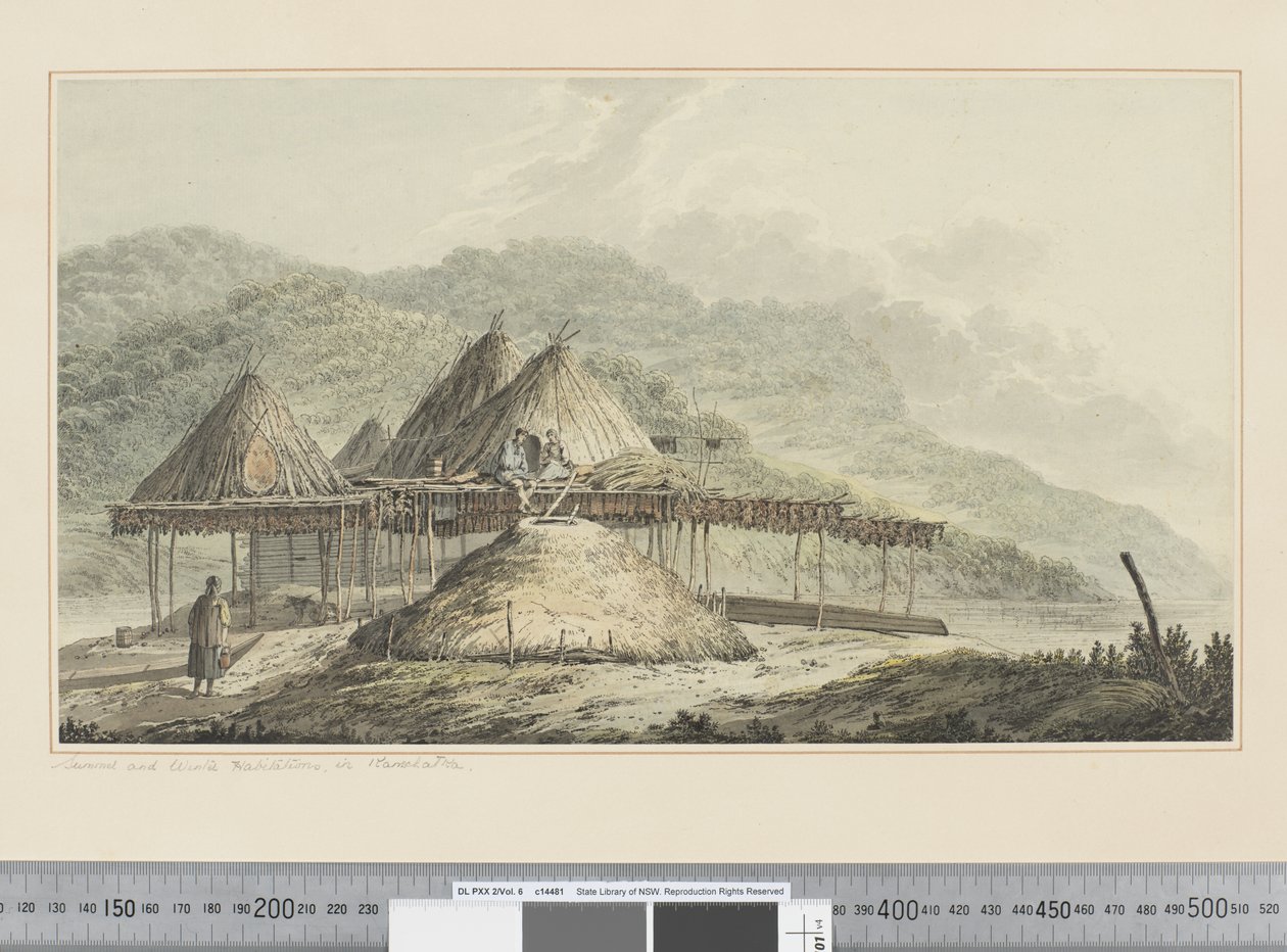 F.42 Summer and Winter Habitations in Kamschatka, c.1783-84 (watercolor) بواسطة جون ويبر