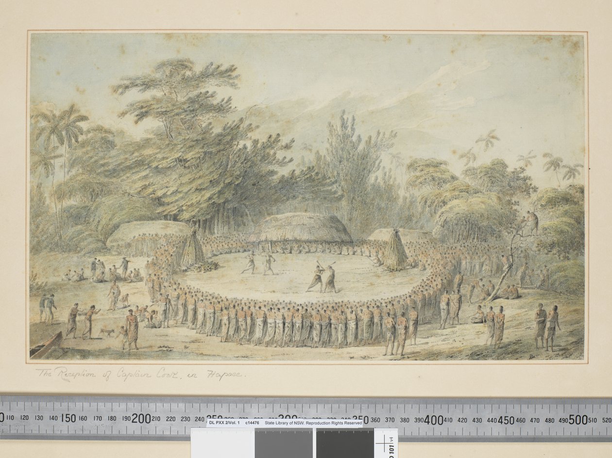 F.4 استقبال القبطان كوك في Hapaee ، حوالي 1773-84 (ألوان مائية ونقوش مطبوعة) بواسطة جون ويبر