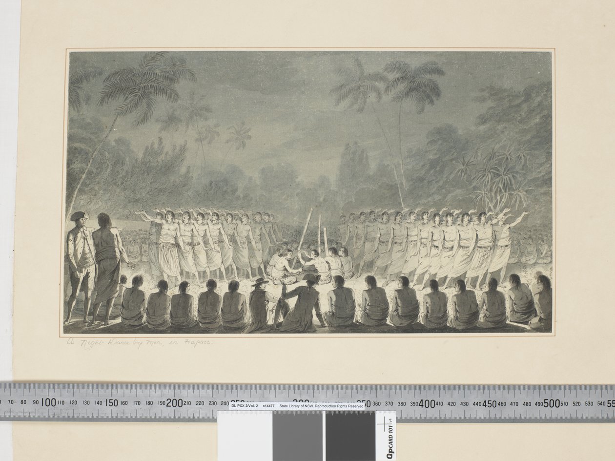 F.5 رقصة ليلية للرجال ، في Hapaee ، حوالي 1773-84 (ألوان مائية) بواسطة جون ويبر