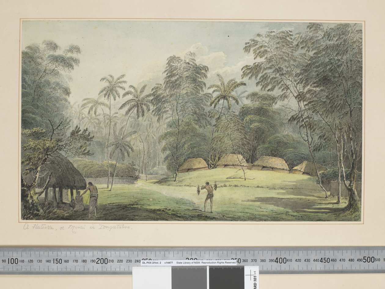F.8 A Fiatooka ، أو Morai in Tongataboo ، c.1773-84 (ألوان مائية) بواسطة جون ويبر