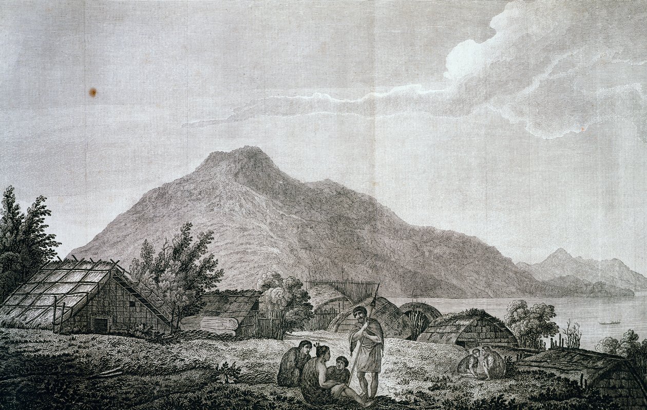داخل هيباه في جزيرة موتوارا ، استنادًا إلى رسم لجون ويبر (1750-1793) ، من سرد الرحلة الأخيرة لجيمس كوك (1776-1779). نقش بواسطة جون ويبر