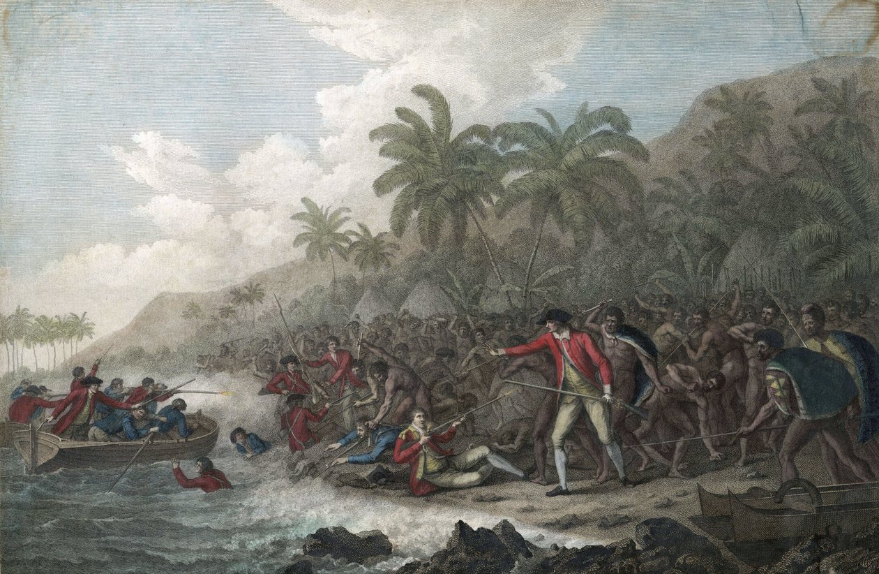 الكابتن جيمس كوك (1728-1779 ، مستكشف بريطاني) قُتل على يد سكان هاواي الأصليين ، في خليج كيلاكيكوا ، على جزر ساندويتش (بولينيزيا) ، في عام 1779 - وفاة الكابتن جيمس كوك في 14 فبراير بواسطة جون ويبر