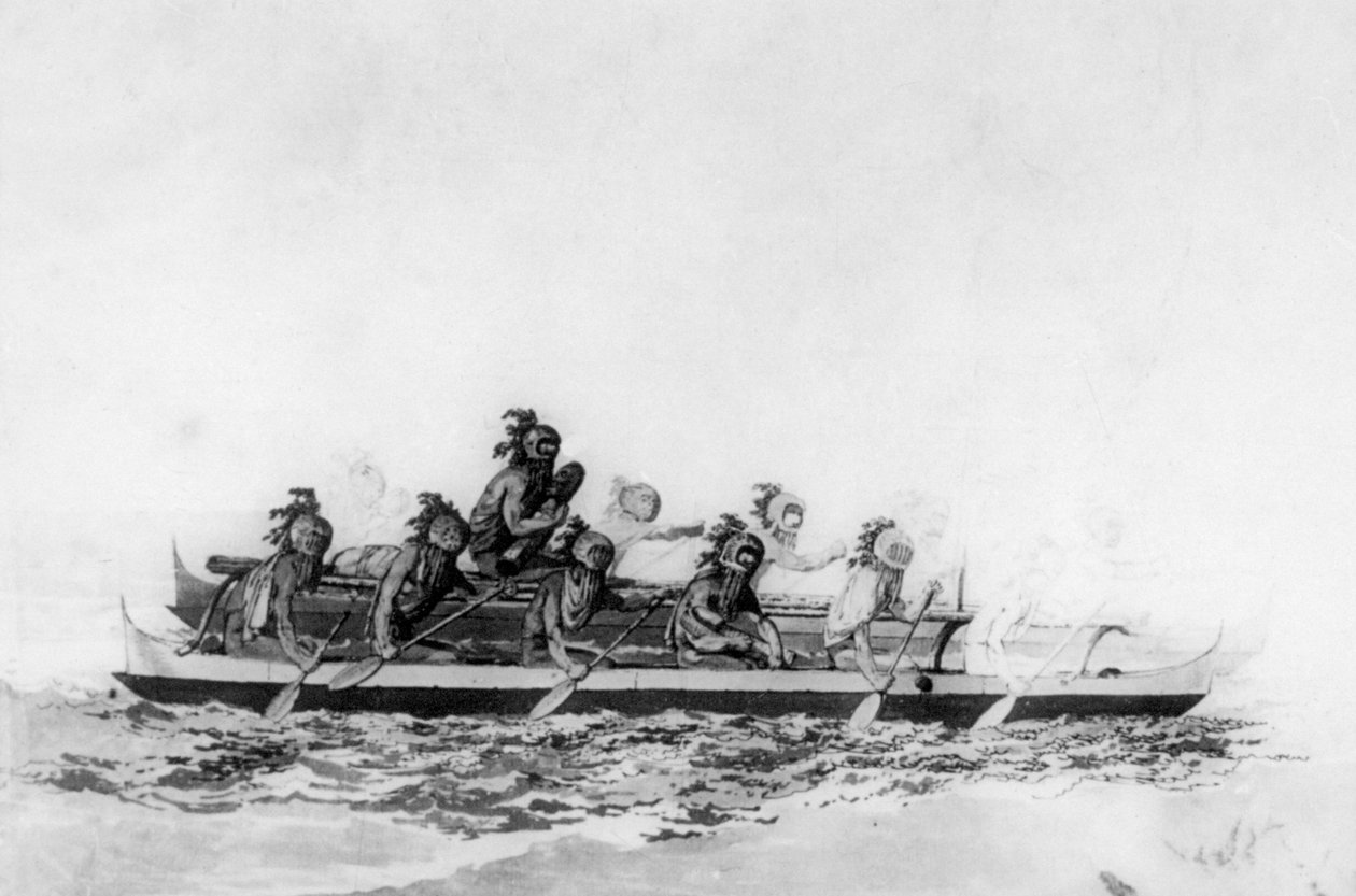 هاواي ملثمون في زورق مزدوج ، c1770-1793. بواسطة جون ويبر