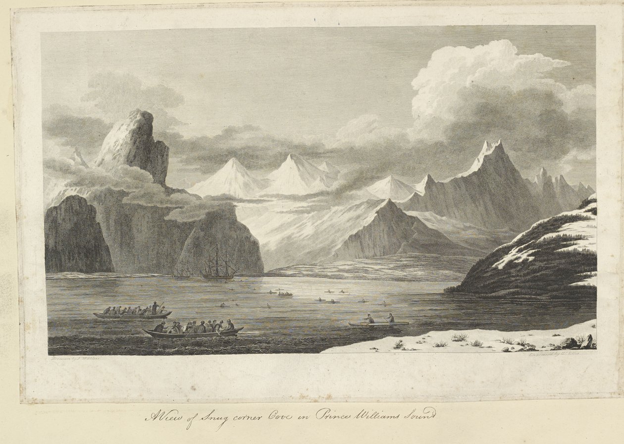 منظر لـ Snug Corner Cove في صوت الأمير وليام: الدقة والاكتشاف الموضحان في الصوت عام 1778 في رحلة الكابتن كوك الثالثة بواسطة جون ويبر