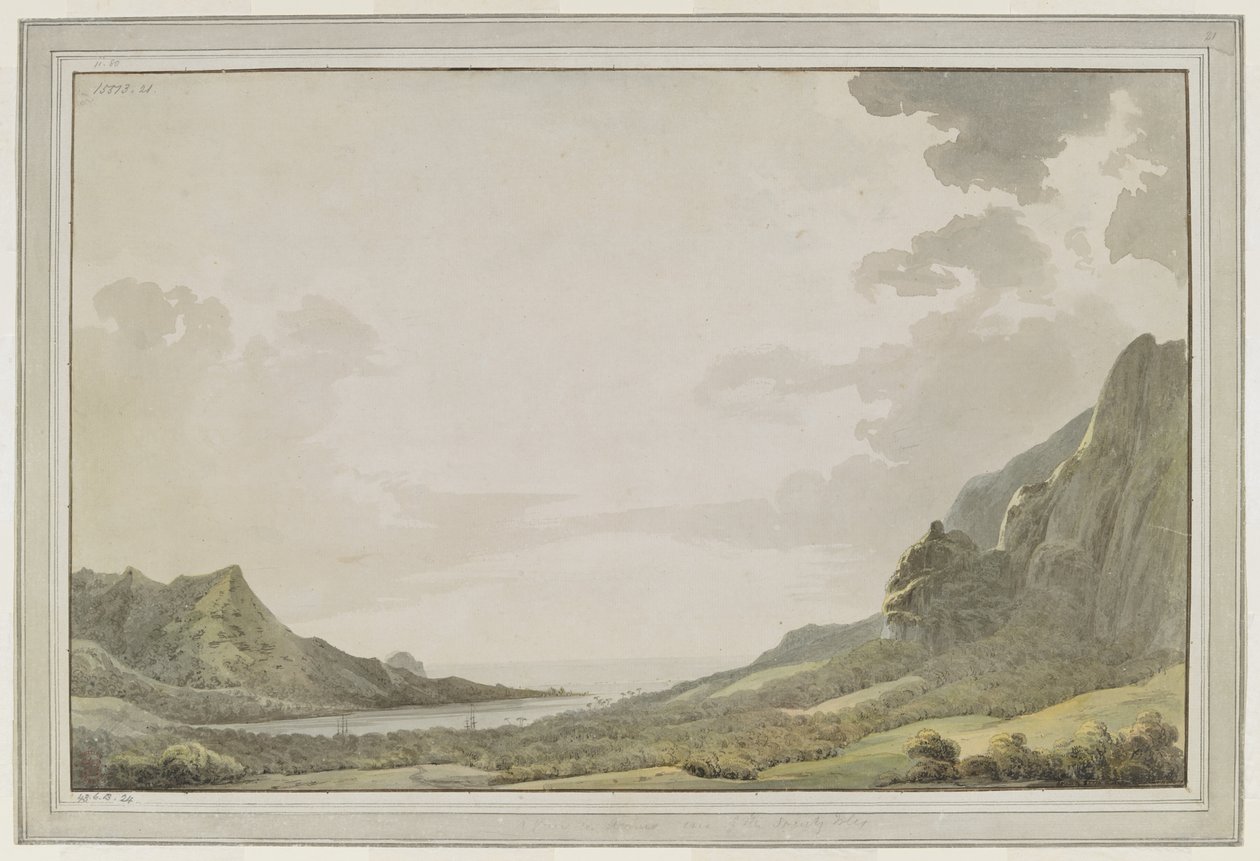 [الرسم كله]. منظر من ميناء Aimeo [خليج Papetoai] يطل على البحر؛ تظهر صواري quot;Resolutionquot; وquot;Discoveryquot; في الخليج. زار الكابتن كوك موريا في أكتوبر 1777 بواسطة جون ويبر