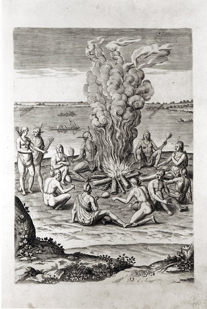 الهنود يصلون حول النار ، نقش من Hariot&39;s &39;Briefe and True Report of ... Virginia&39; ، 1590 ، منقوش بواسطة Theodor de Bry (1528-98) بواسطة جون وايت