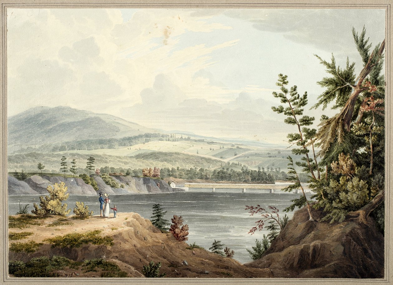 جسر نهر هدسون بالقرب من وترفورد ، نيويورك ، 1832 (ألوان مائية ، غواش ، تزجيج انتقائي ، جرافيت ، وخدش على ورق موضوع على البطاقة) بواسطة جون وليام هيل