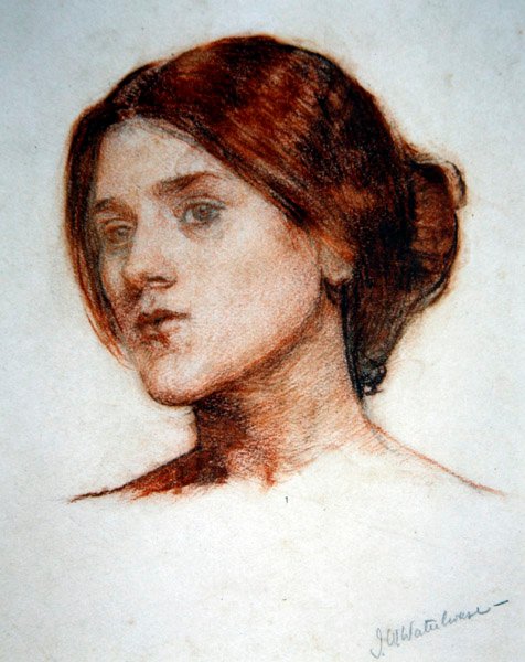 دراسة رأس فتاة لـ "The Rose Bower" ، حوالي عام 1910 (قلم تلوين أحمر وقلم رصاص على ورق) بواسطة جون وليام ووترهاوس