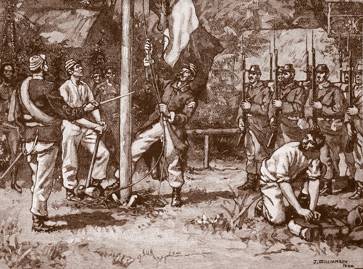 رفع العلم الفرنسي في هيبرايدس الجديدة ، 1886 ، رسم توضيحي من "تاريخ إنجلترا المصور لكاسل" (صورة بني داكن) بواسطة جون ويليامسون
