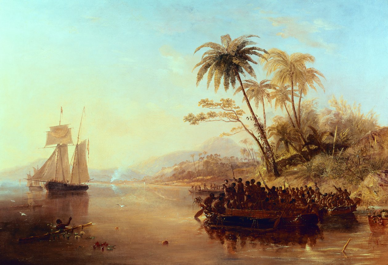 سفينة مسح بريطانية في جنوب المحيط الهادئ يرحب بها سكان الجزر في زوارق Outrigger ، c.1840 بواسطة جون ويلسون كارمايكل