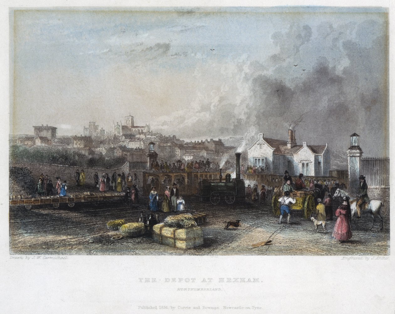 The Depot at Hexham ، Newcastle and Carlisle Railway ، منقوش بواسطة J. Archer ، 1836 بواسطة جون ويلسون كارمايكل