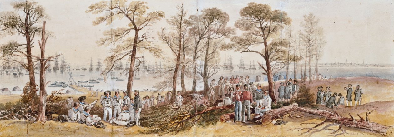 الضباط والبحارة من الأسطول على الشاطئ في نارجين ، 1855 بواسطة جون ويلسون كارمايكل
