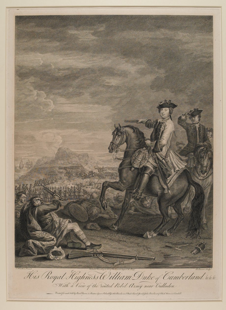 صاحب السمو الملكي وليام (1721-65) دوق كمبرلاند مع منظر للجيش المهزوم بالقرب من كولودين ، 1746 ، نشره ب. بارون ، 1747 بواسطة جون ووتون
