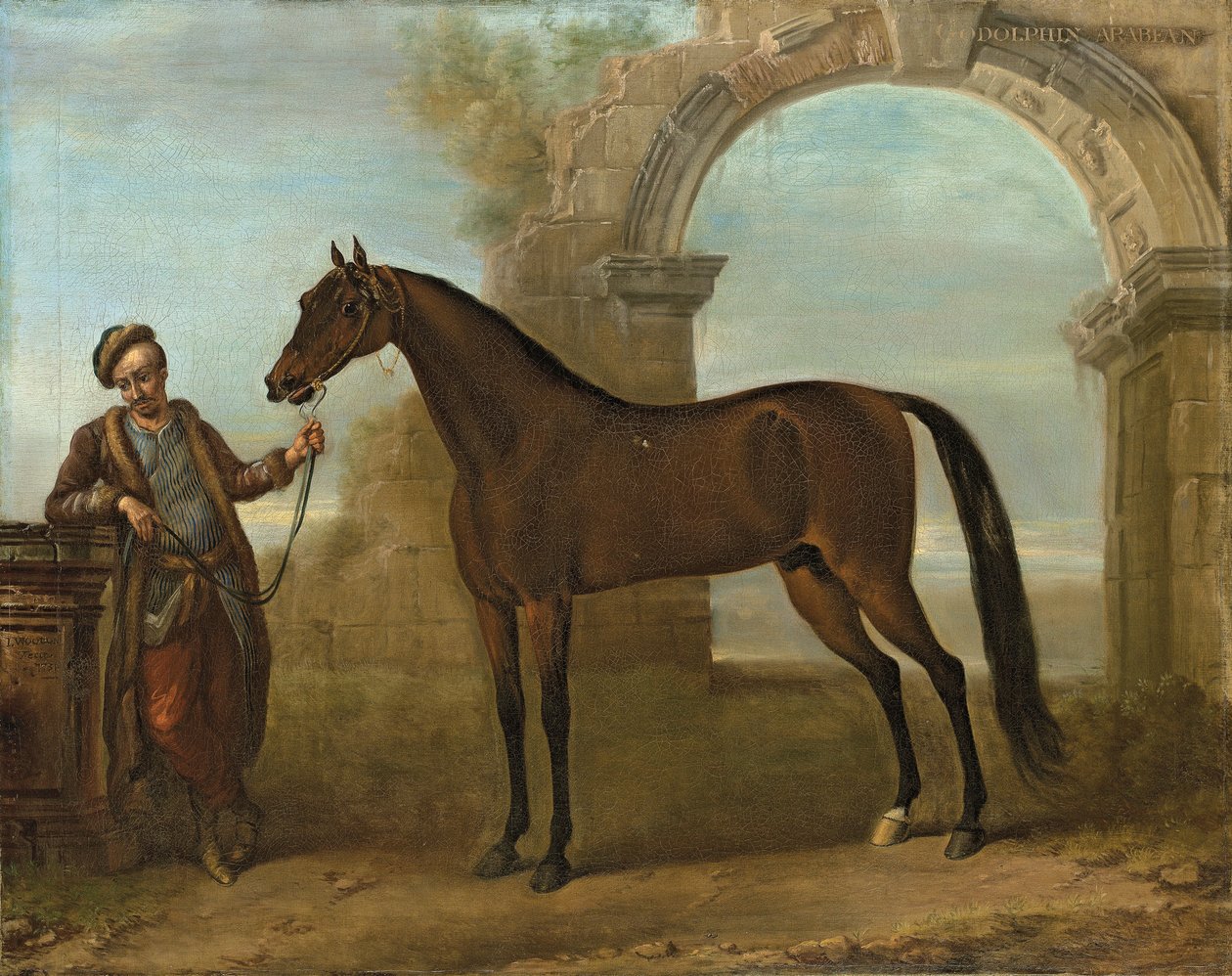The Godolphin Arabien ، الذي عقده العريس ، في منظر طبيعي مع قوس مدمر ، 1731 بواسطة جون ووتون