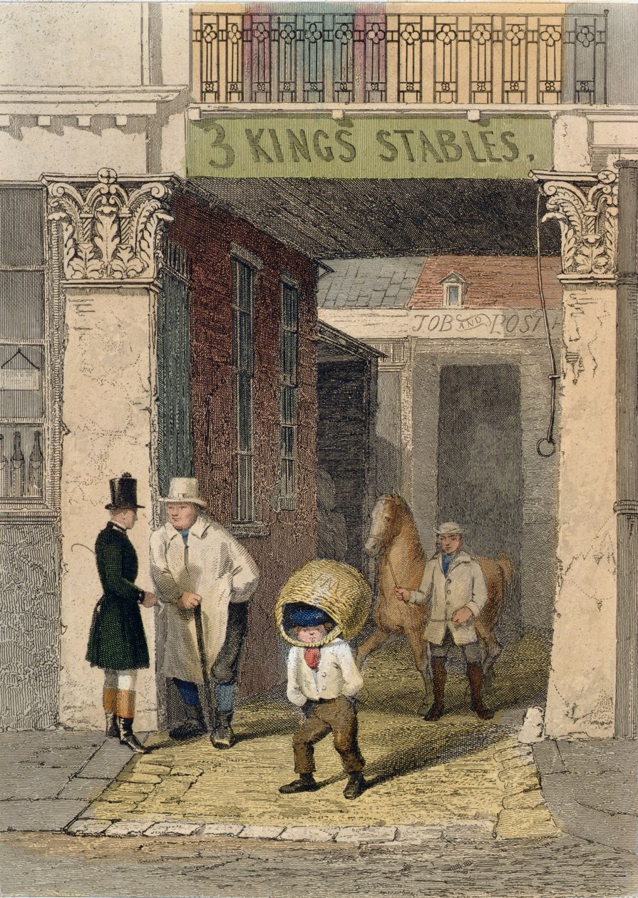 بقايا كلارندون هاوس ، اسطبلات ثري كينجس ، بيكاديللي ، من "بقايا لندن القديمة" ، 1851 (النقش الملون) بواسطة جون ويكهام آرتشر