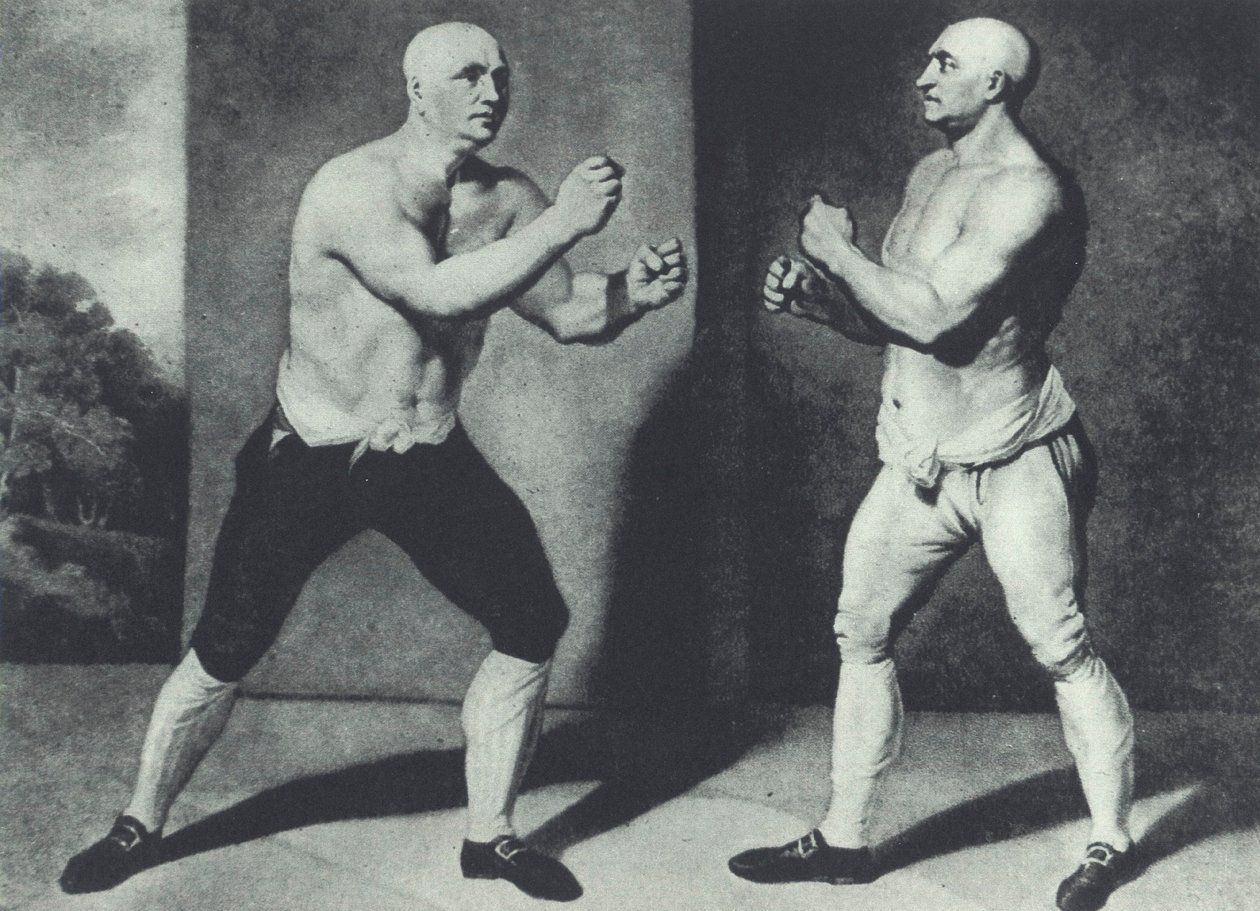 Early British barefist boxers, John Broughton (left) and George Stevenson fight in 1741: Broughton invented boxing glove (mezzotint) بواسطة جون يونغ