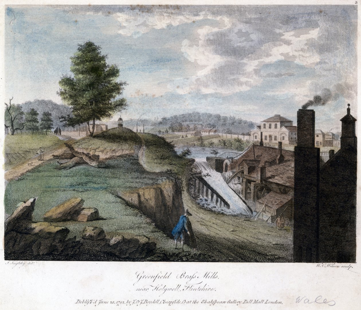 مطاحن Greenfield Brass ، بالقرب من Holywell ، Flintshire ، محفورة بواسطة WC Wilson ، c.1792 بواسطة جون بعد إنجليبي