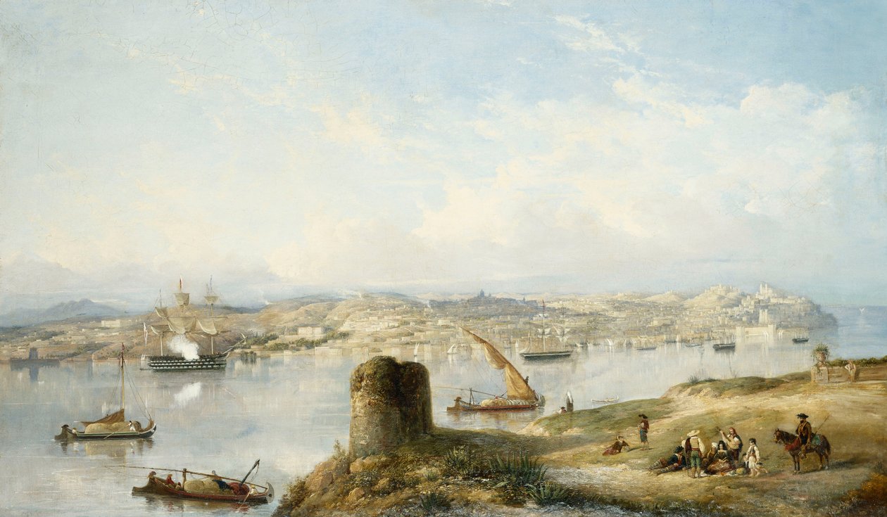 إطلالة واسعة على لشبونة على نهر تيجو مع Praca do Terreiro do Paco والكاتدرائية القديمة و Castelo de S. Jorge بواسطة جون أو جيوفاني شرانز