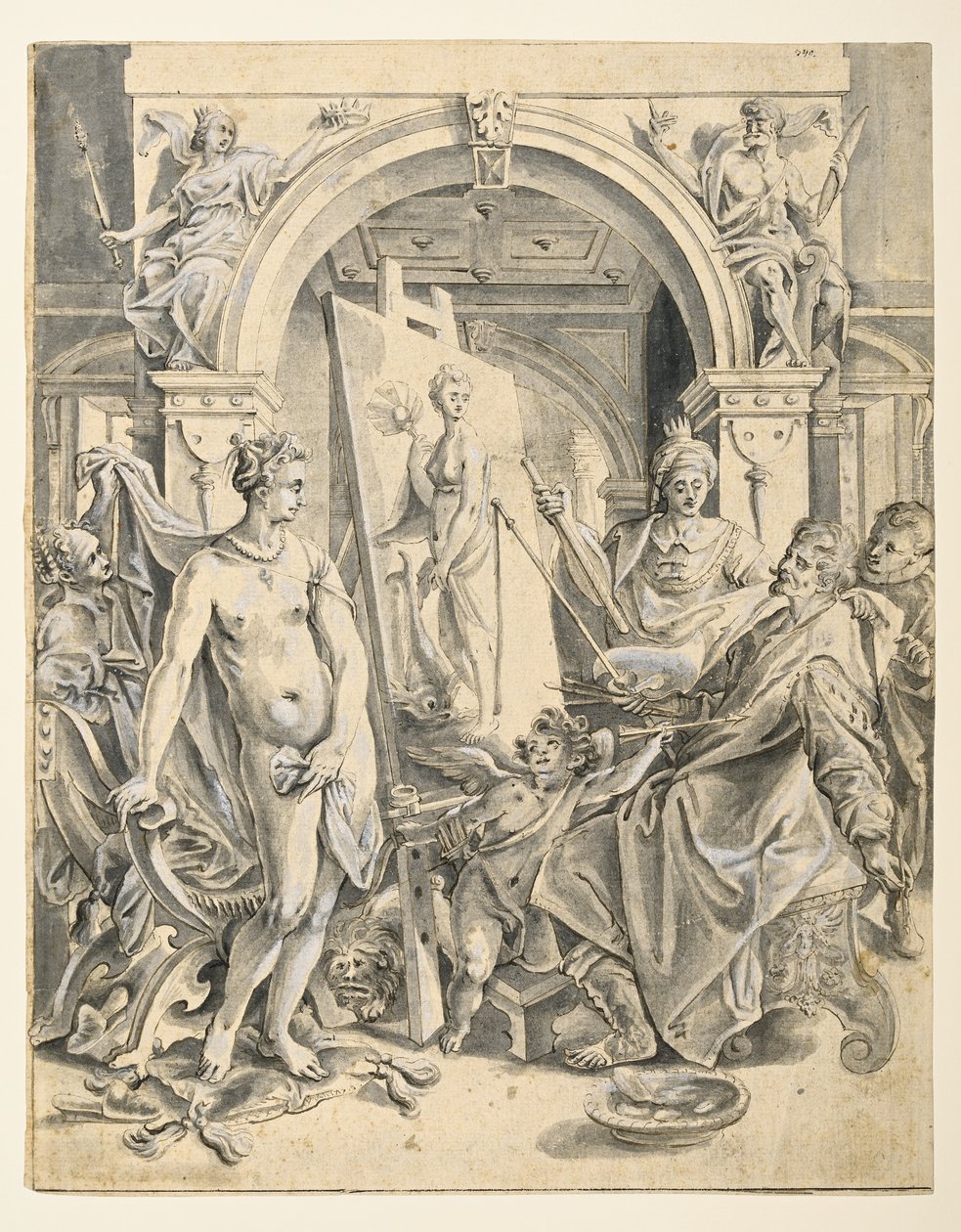 رسم Apelles Campaspe (قلم وحبر بني ، غسيل رمادي ، لون جسم أبيض على ورق مضغوط) بواسطة Joos أو Jodocus van (بعد) Winghe