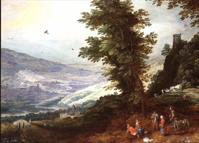 مناظر طبيعية واسعة مع فلاحين بواسطة Joos أو Josse de The Younger Momper